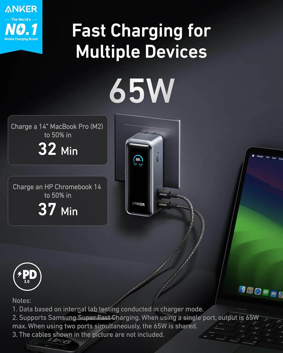 Anker Prime 10K mAh 65W Fusion Power Bank W/ Built-In Usb-C Cable & Digital Display - Black