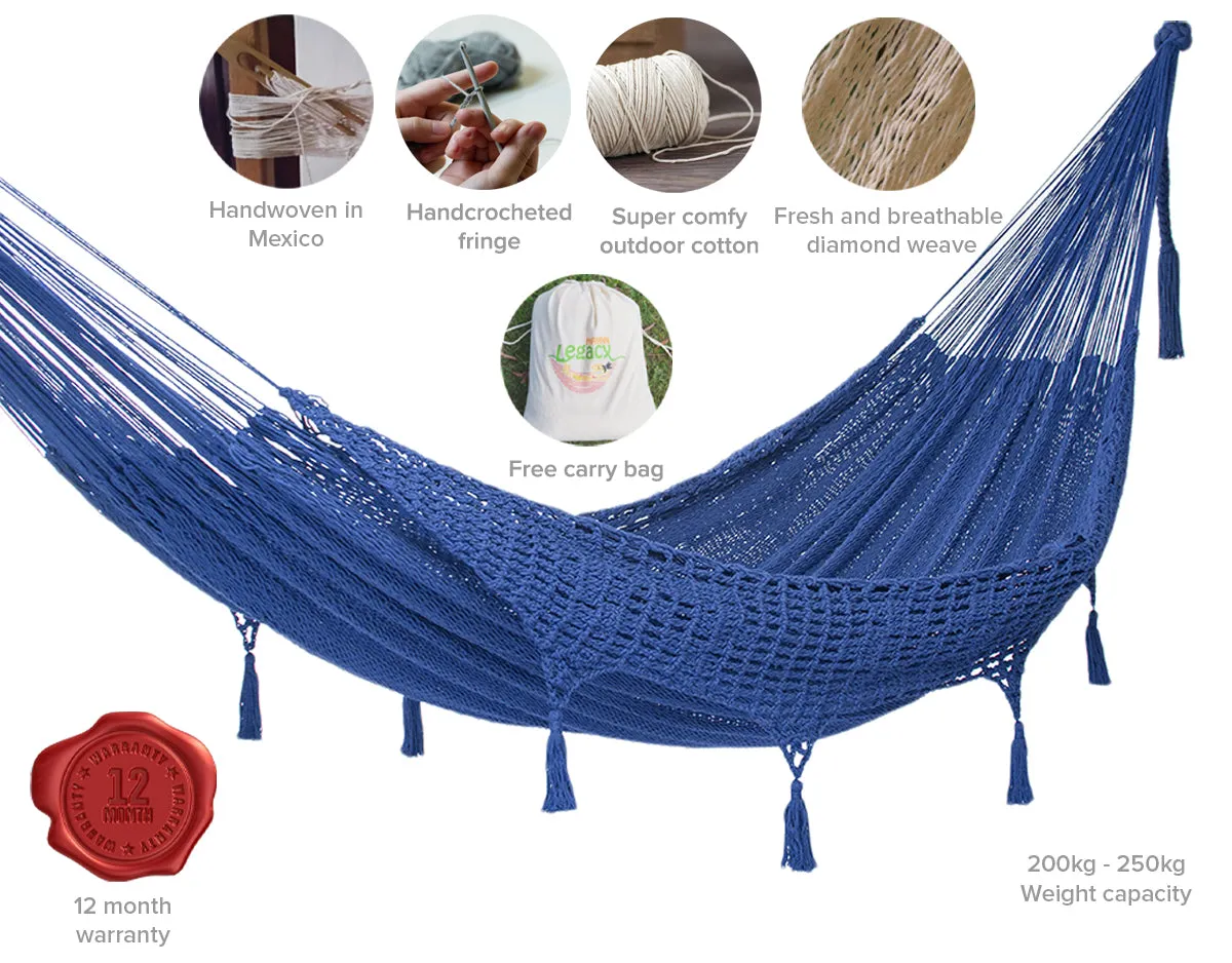 Authentic Mexican Deluxe Outdoor Undercover Cotton Hammock in Blue