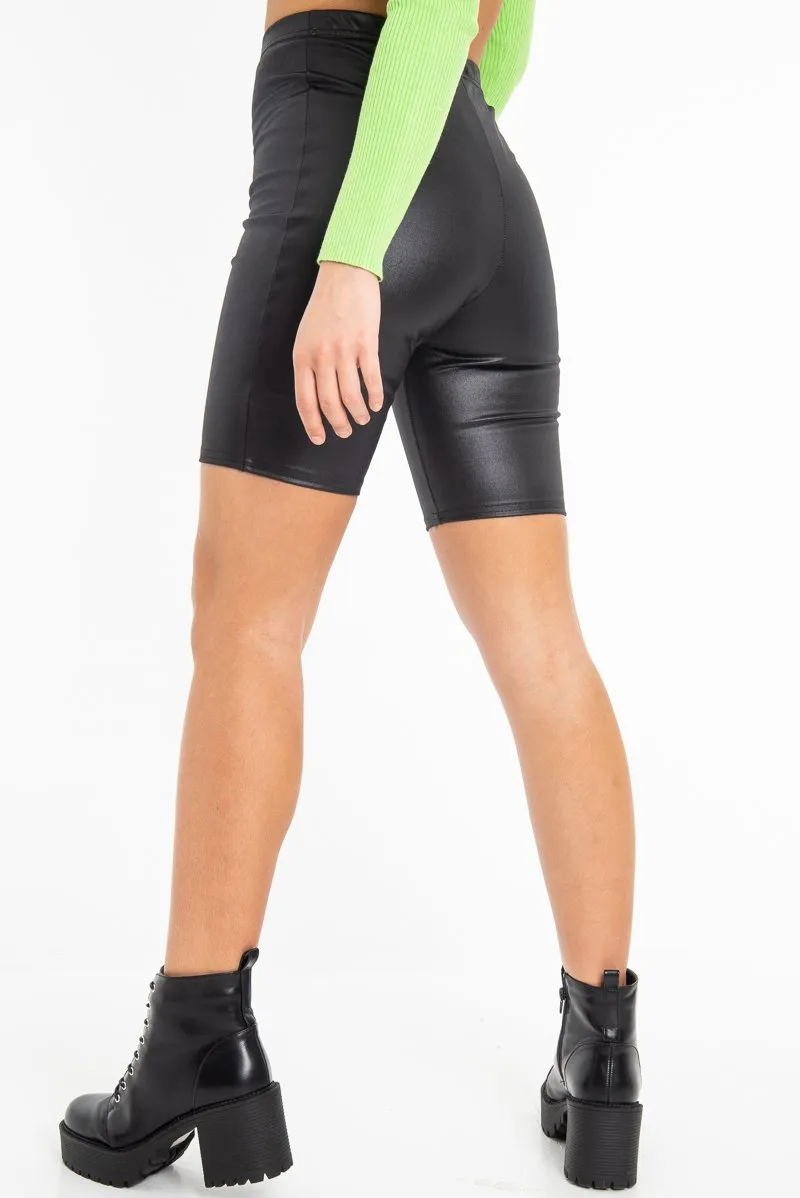 Black Faux Leather Seam Front Cycling Shorts - Katrin