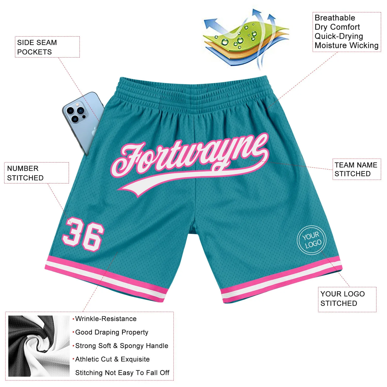 Custom Teal White-Pink Authentic Throwback Basketball Shorts