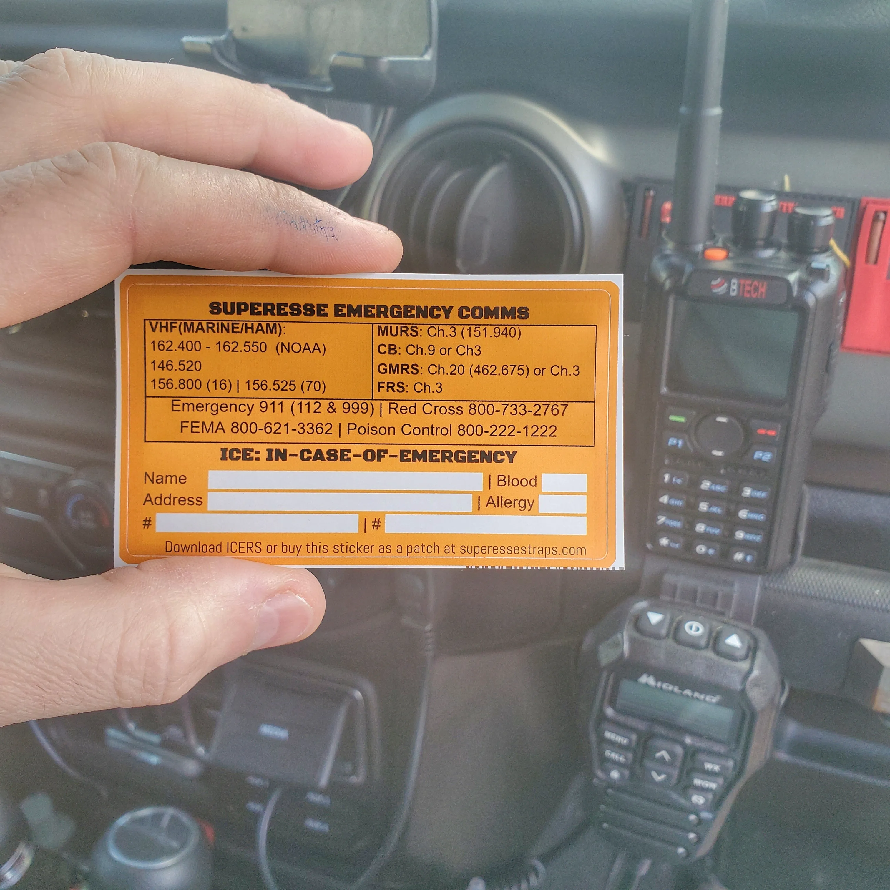 Emergency Comms & ICE Decal - Radio  Frequency/Channel and Telephone Contact Numbers, ICE Card