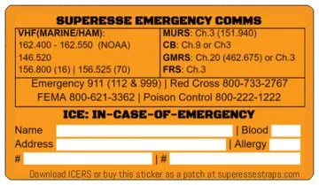 Emergency Comms & ICE Decal - Radio  Frequency/Channel and Telephone Contact Numbers, ICE Card