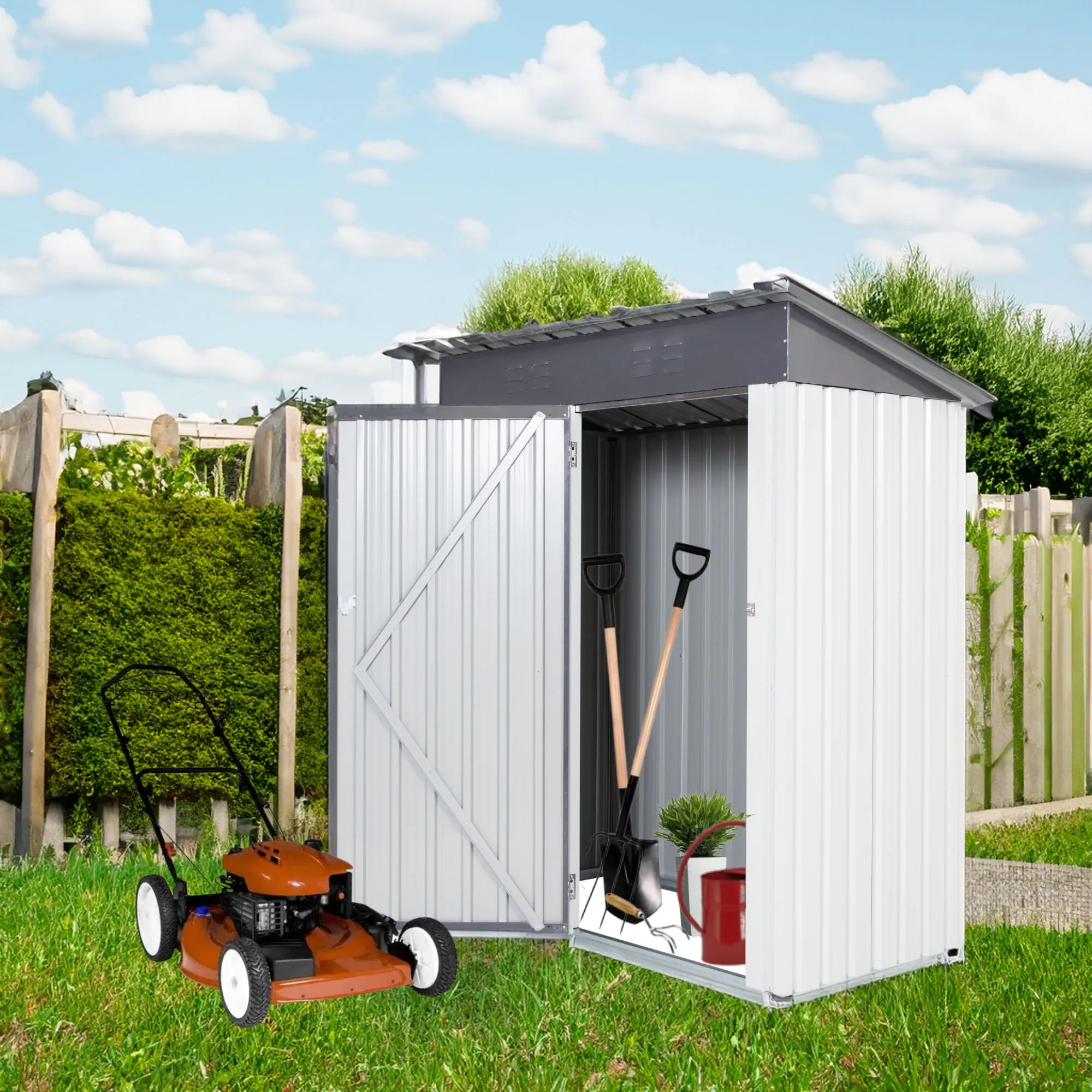 Garden Metal Storage Lifter Shed 5X3X6' Outdoor Storing Tools Rainproof Hinge Door Version - Gray White