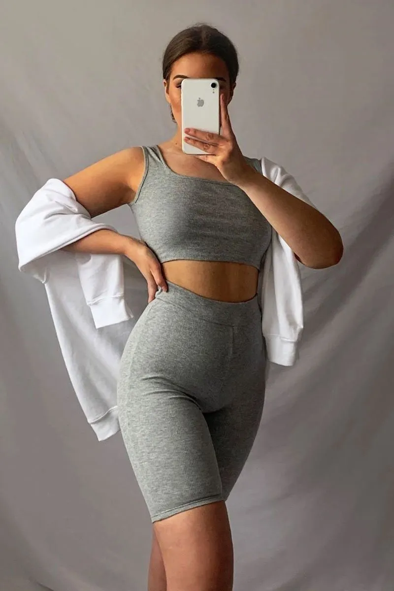 Grey Ribbed Crop Top and Cycling Shorts Co-ord - Nina