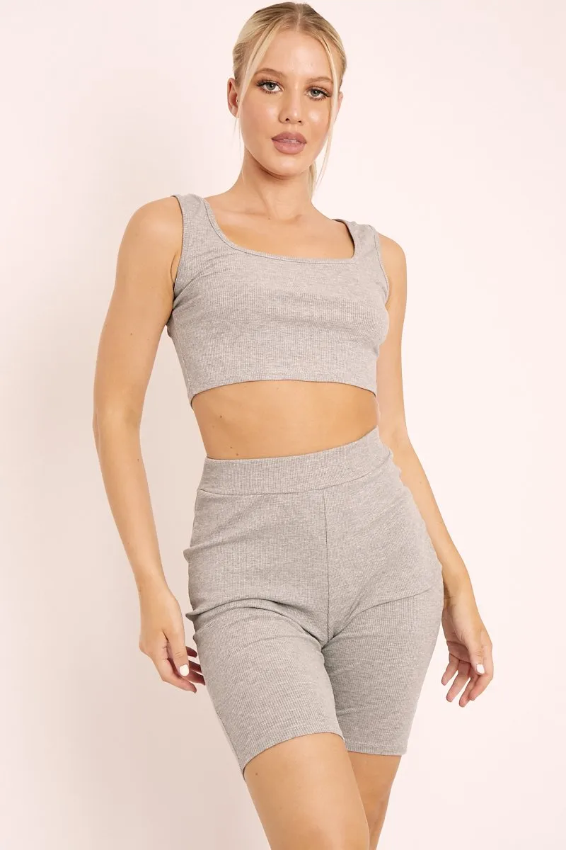 Grey Ribbed Crop Top and Cycling Shorts Co-ord - Nina