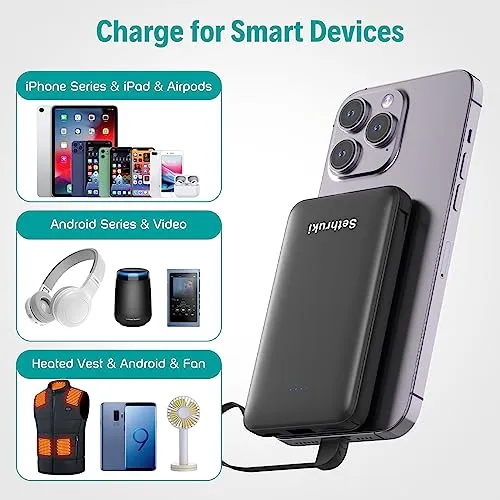 Smallest Portable Charger with Built-in Cables 6000mAh,Ultra Slim Power Bank,Mini High Speed External Battery Packs,Lightweight USB C Phone Charger Compatible with iPhone Samsung Google Android