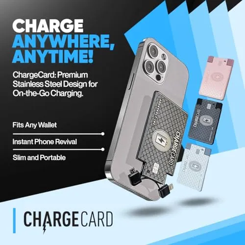 Ultra Thin Emergency Phone Charger. Portable Power Bank that Fits in Your Wallet. Works with All Phones. 2300mAh &1.5A Fast Charge. Built in Cables (Lightning, USB-C, Micro USB) - ChargeCard BLACK