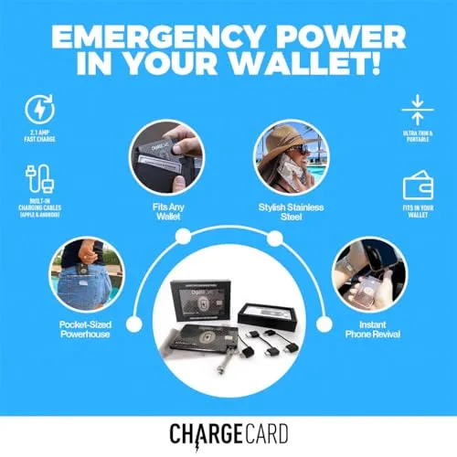 Ultra Thin Emergency Phone Charger. Portable Power Bank that Fits in Your Wallet. Works with All Phones. 2300mAh &1.5A Fast Charge. Built in Cables (Lightning, USB-C, Micro USB) - ChargeCard BLACK