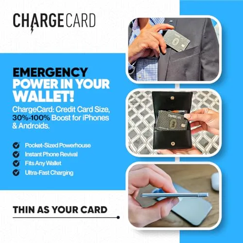 Ultra Thin Emergency Phone Charger. Portable Power Bank that Fits in Your Wallet. Works with All Phones. 2300mAh &1.5A Fast Charge. Built in Cables (Lightning, USB-C, Micro USB) - ChargeCard BLACK